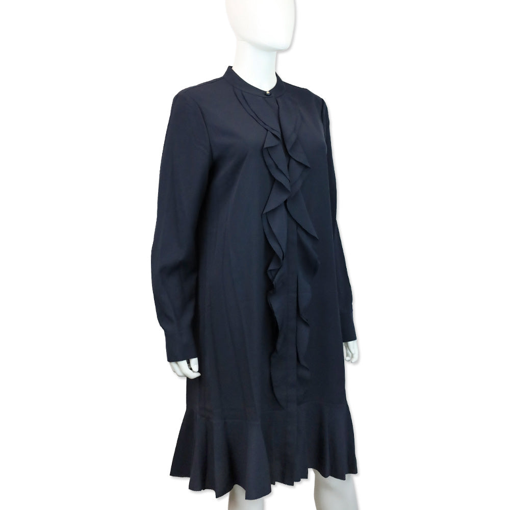Tory Burch Jane Navy Blue Crepe de Chine Ruffle Shirtdress