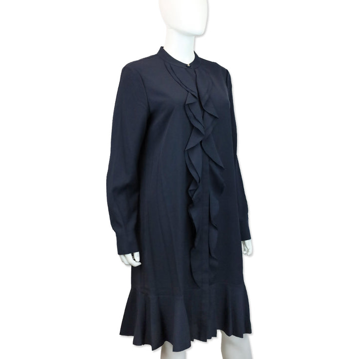 Tory Burch Jane Navy Blue Crepe de Chine Ruffle Shirtdress