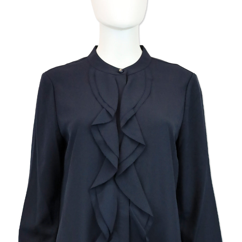 Tory Burch Jane Navy Blue Crepe de Chine Ruffle Shirtdress