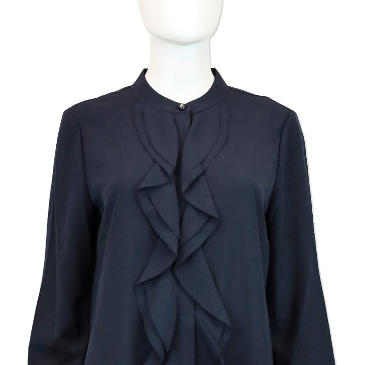 Tory Burch Jane Navy Blue Crepe de Chine Ruffle Shirtdress