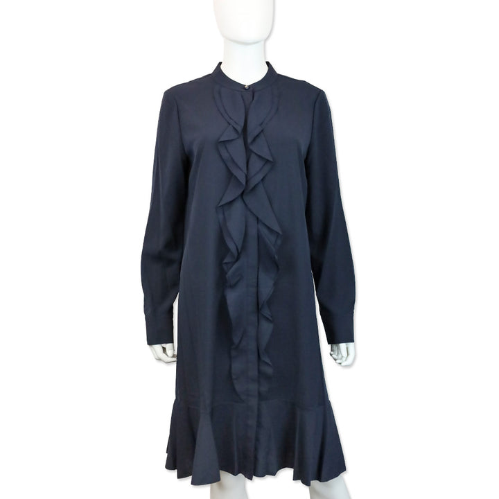 Tory Burch Jane Navy Blue Crepe de Chine Ruffle Shirtdress