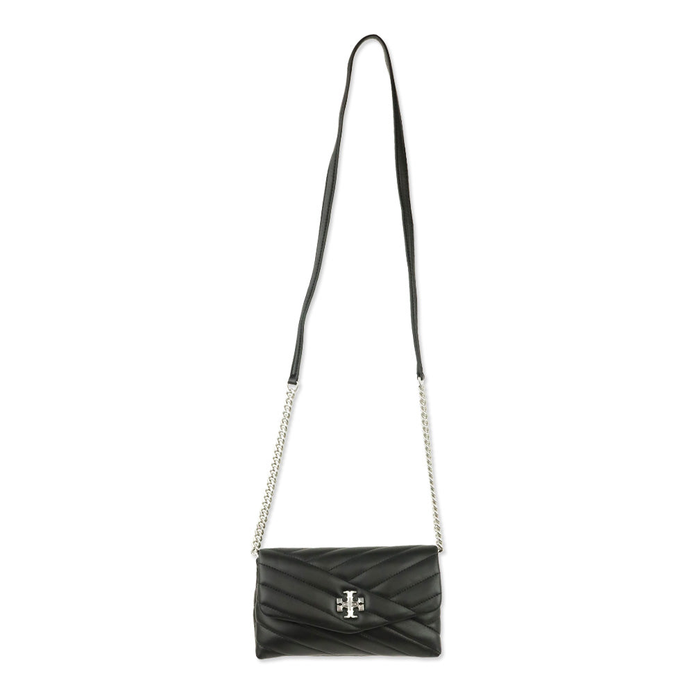 Tory Burch Kira Black Chevron Quilted Leather Chain Wallet Crossbody