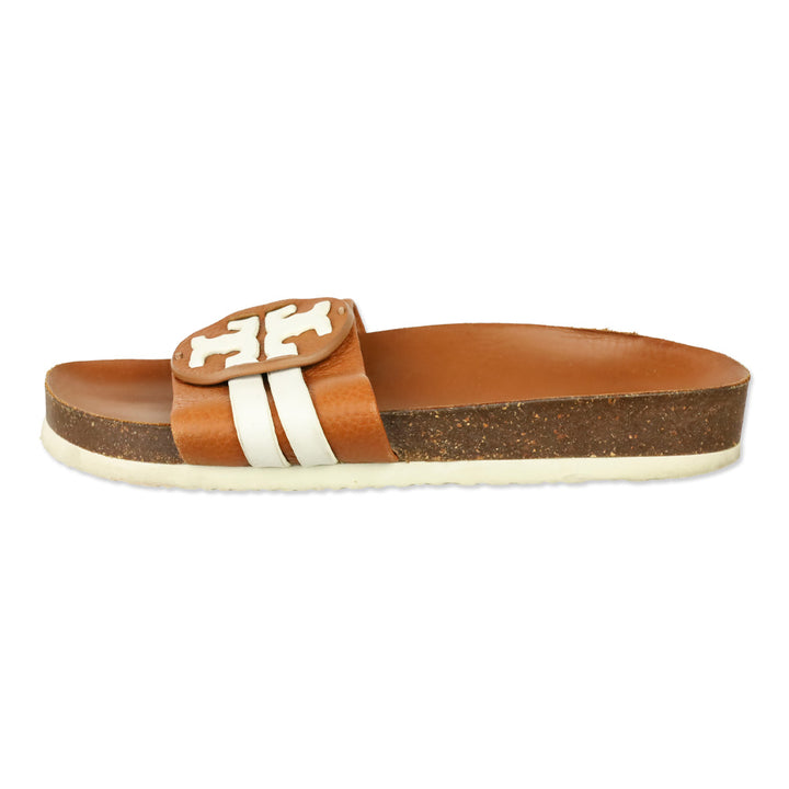 Tory Burch Leigh Brown/White Leather Slide Sandals