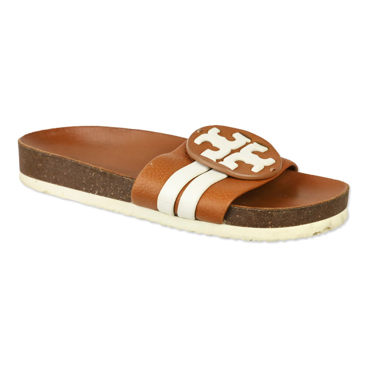 Tory Burch Leigh Brown/White Leather Slide Sandals