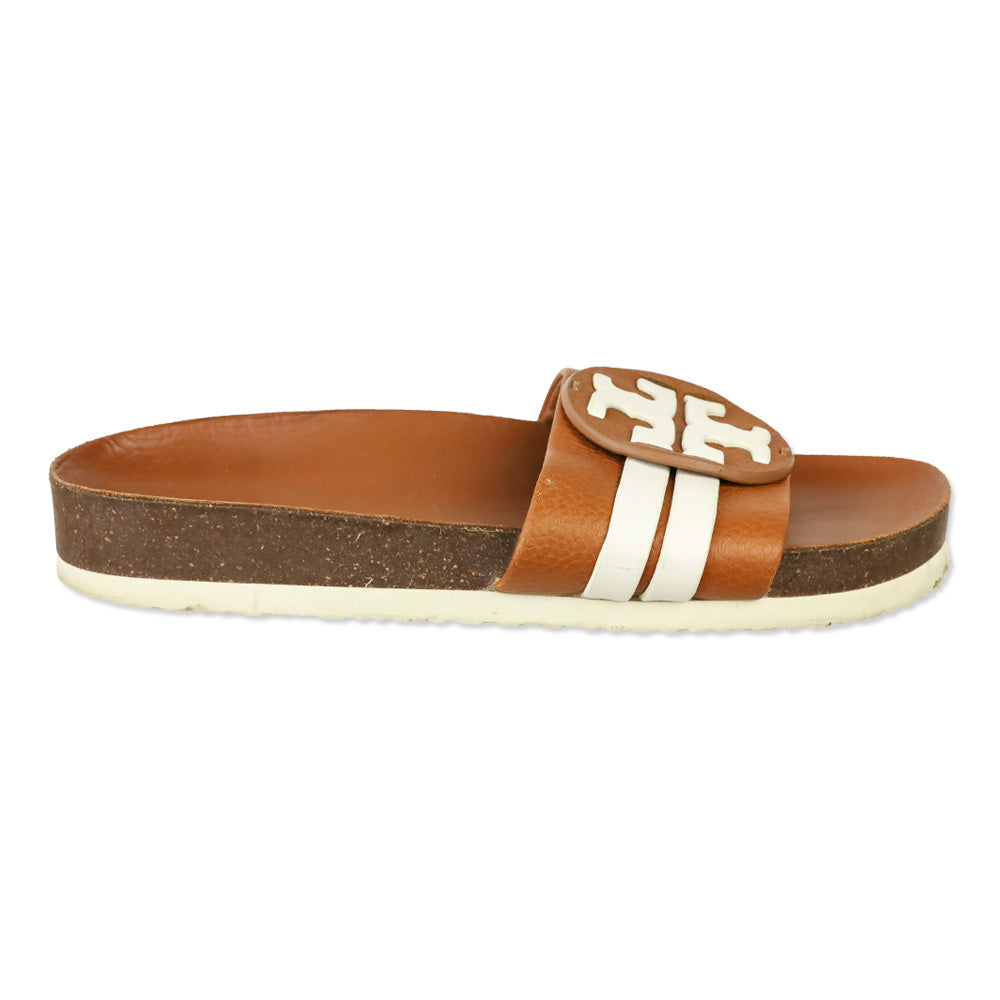 Tory Burch Leigh Brown/White Leather Slide Sandals