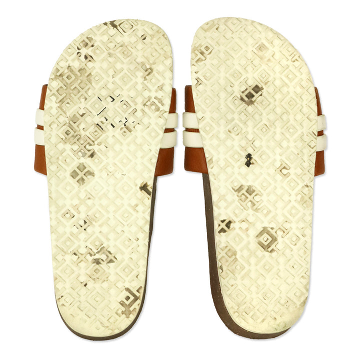 Tory Burch Leigh Brown/White Leather Slide Sandals