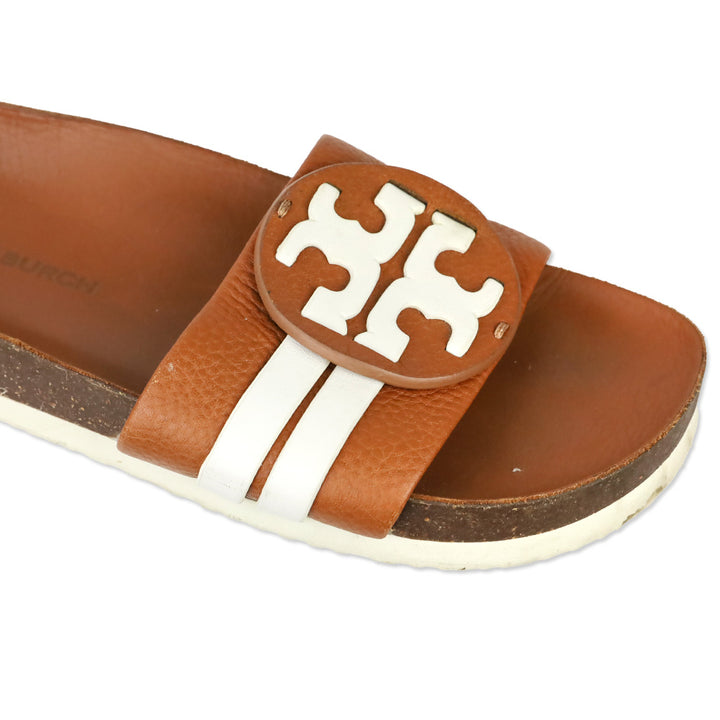 Tory Burch Leigh Brown/White Leather Slide Sandals
