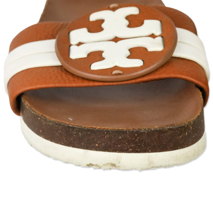 Tory Burch Leigh Brown/White Leather Slide Sandals