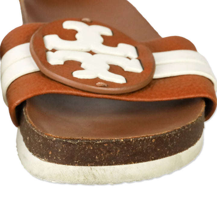 Tory Burch Leigh Brown/White Leather Slide Sandals