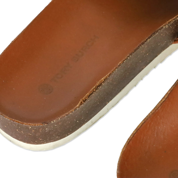 Tory Burch Leigh Brown/White Leather Slide Sandals