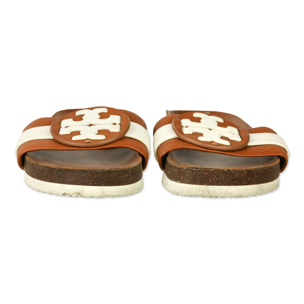 Tory Burch Leigh Brown/White Leather Slide Sandals