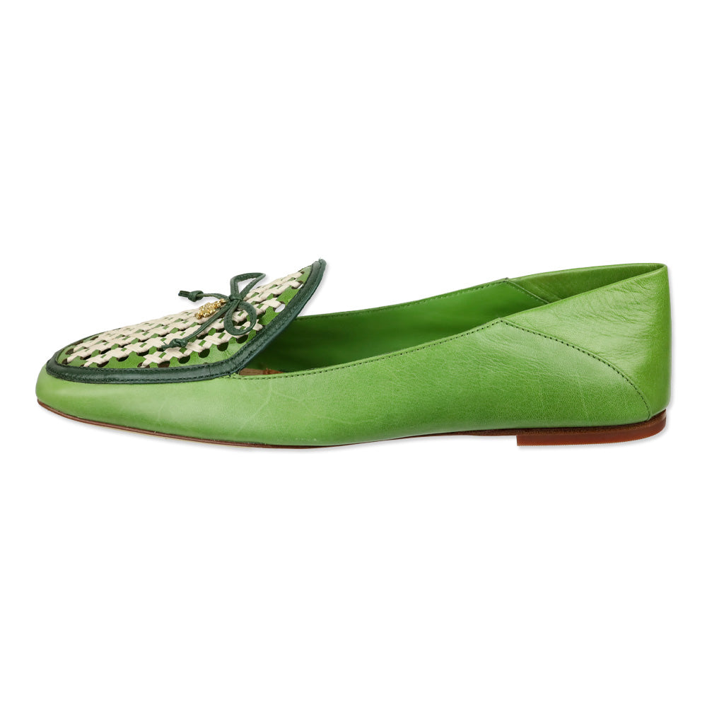 Tory Burch Light Green/Kiwi/New Ivory Leather and Raffia Tory Charm Woven 5mm Loafer