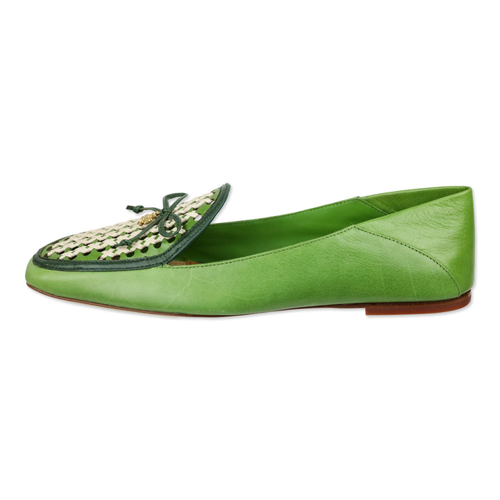 Tory Burch Light Green/Kiwi/New Ivory Leather and Raffia Tory Charm Woven 5mm Loafer