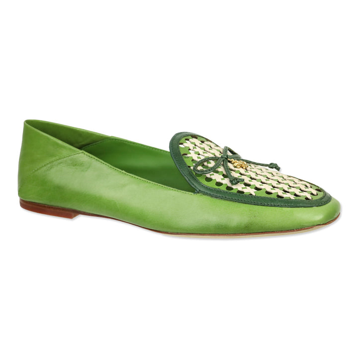 Tory Burch Light Green/Kiwi/New Ivory Leather and Raffia Tory Charm Woven 5mm Loafer