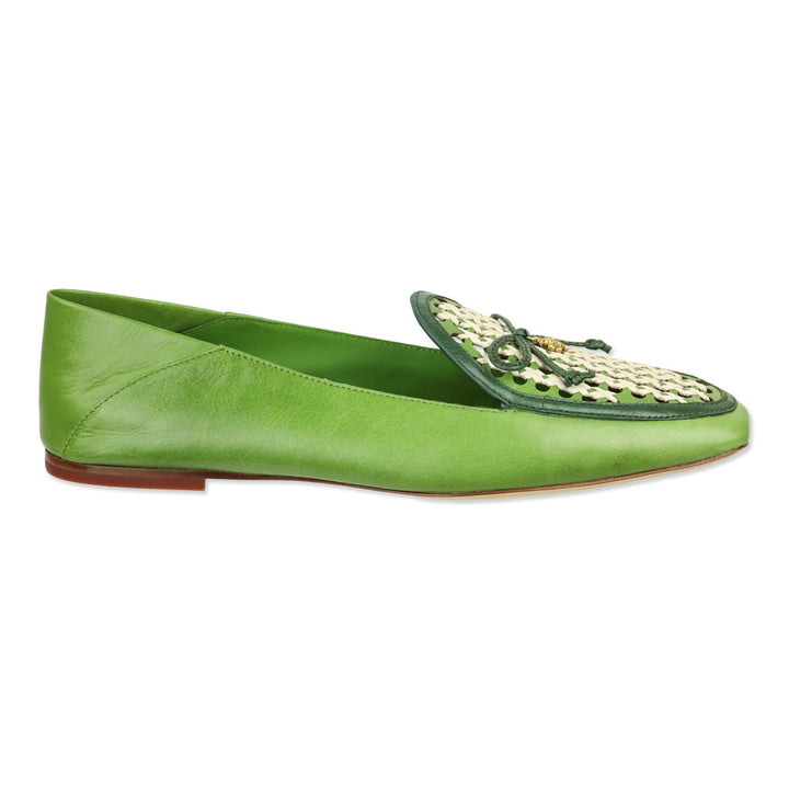 Tory Burch Light Green/Kiwi/New Ivory Leather and Raffia Tory Charm Woven 5mm Loafer