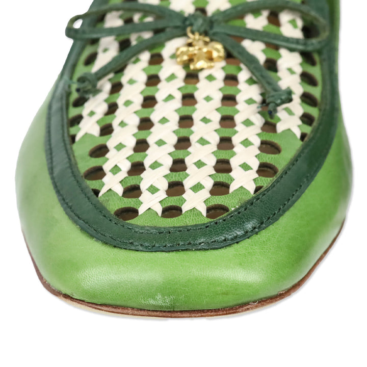 Tory Burch Light Green/Kiwi/New Ivory Leather and Raffia Tory Charm Woven 5mm Loafer