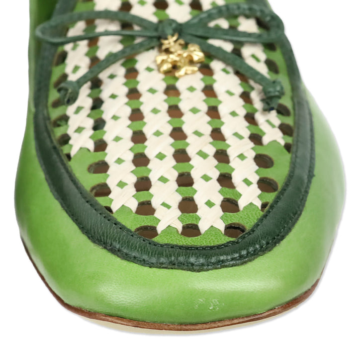 Tory Burch Light Green/Kiwi/New Ivory Leather and Raffia Tory Charm Woven 5mm Loafer