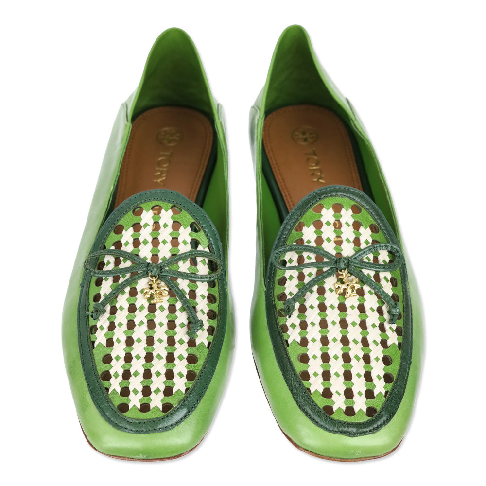 Tory Burch Light Green/Kiwi/New Ivory Leather and Raffia Tory Charm Woven 5mm Loafer