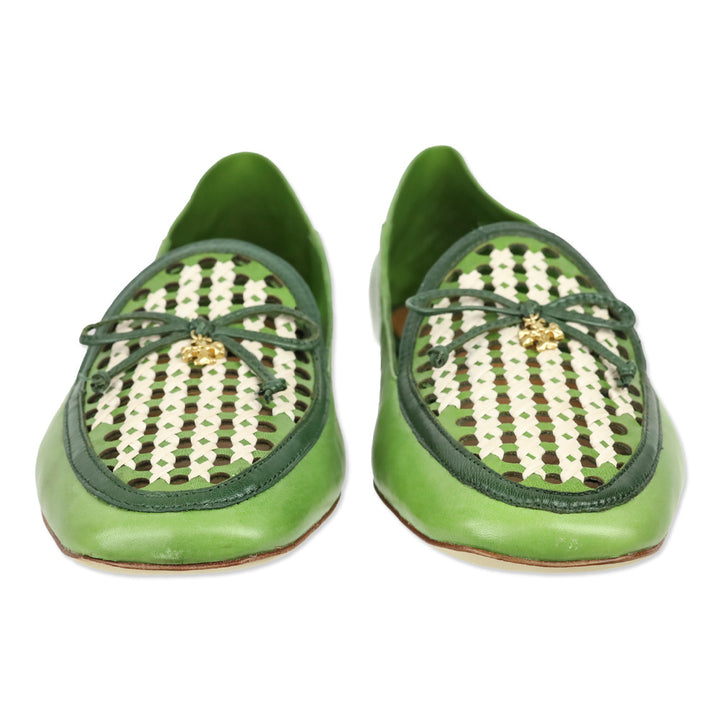Tory Burch Light Green/Kiwi/New Ivory Leather and Raffia Tory Charm Woven 5mm Loafer