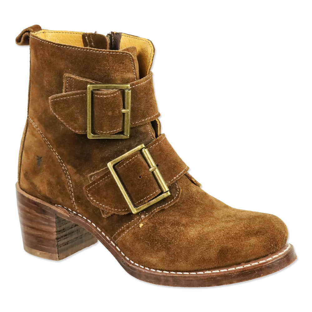 Frye Sabrina Brown Suede Double Buckle Ankle Boots