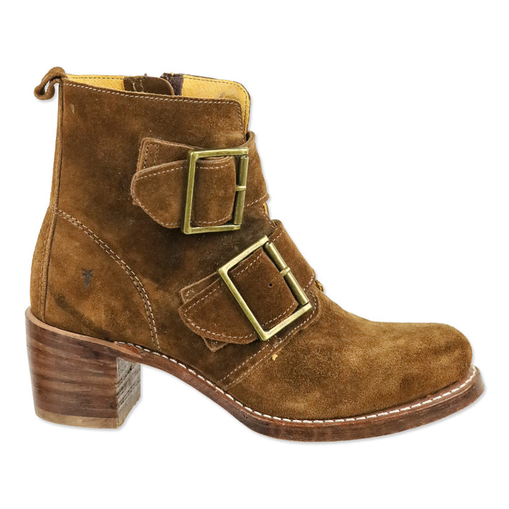 Frye Sabrina Brown Suede Double Buckle Ankle Boots
