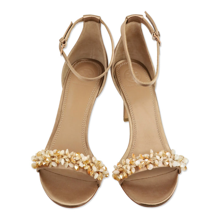 Tory Burch Logan Beige Satin Crystal Embellished Sandal