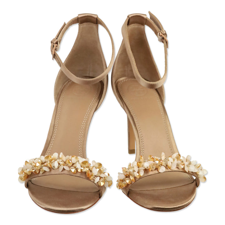 Tory Burch Logan Beige Satin Crystal Embellished Sandal