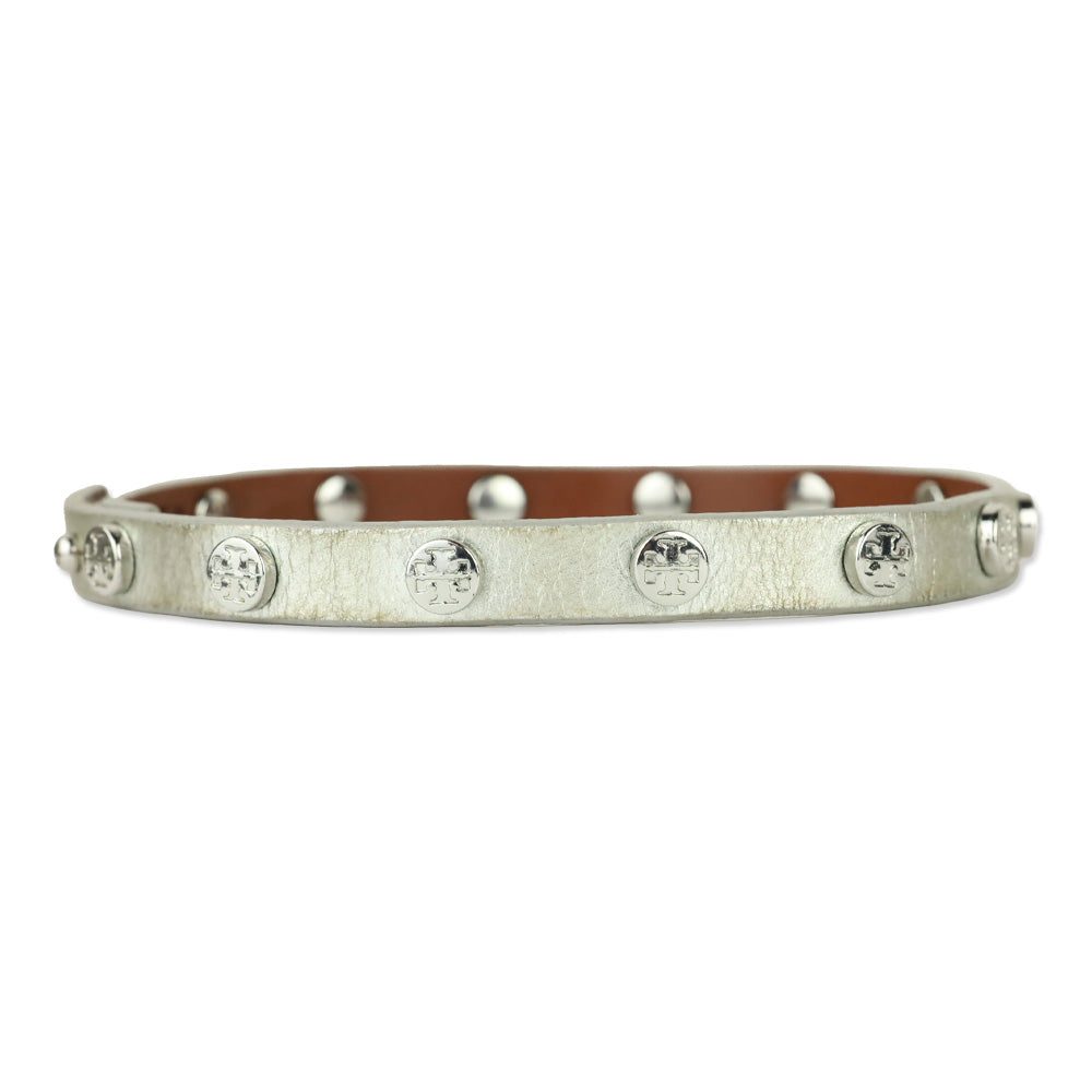 Tory Burch Logo Studded Metallic Silver Leather Choker
