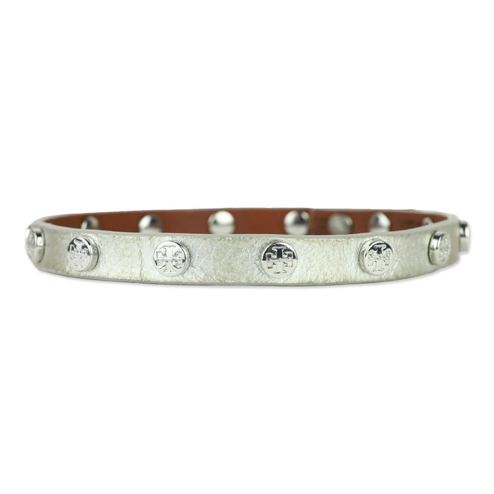 Tory Burch Logo Studded Metallic Silver Leather Choker