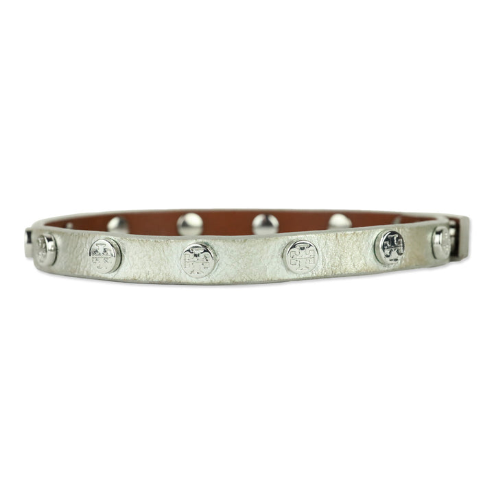 Tory Burch Logo Studded Metallic Silver Leather Choker