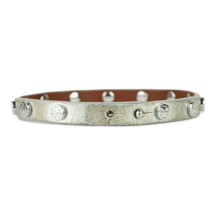 Tory Burch Logo Studded Metallic Silver Leather Choker