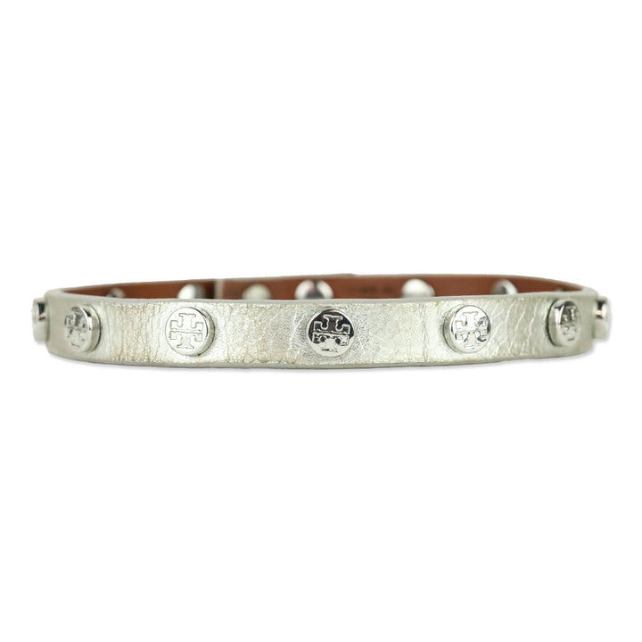 Tory Burch Logo Studded Metallic Silver Leather Choker