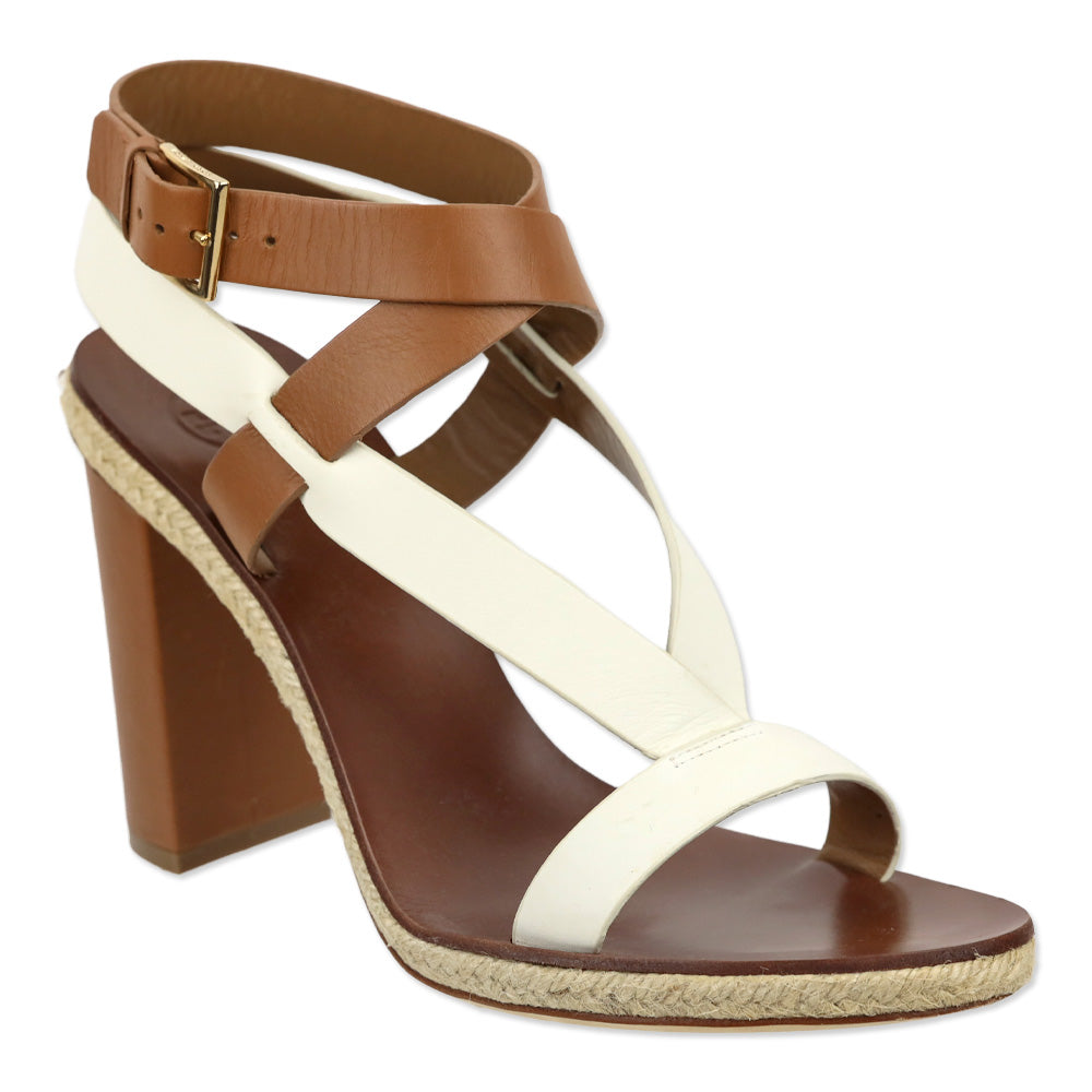 Tory Burch Marbella Brown/Ivory Leather Ankle Strap Espadrille Sandal