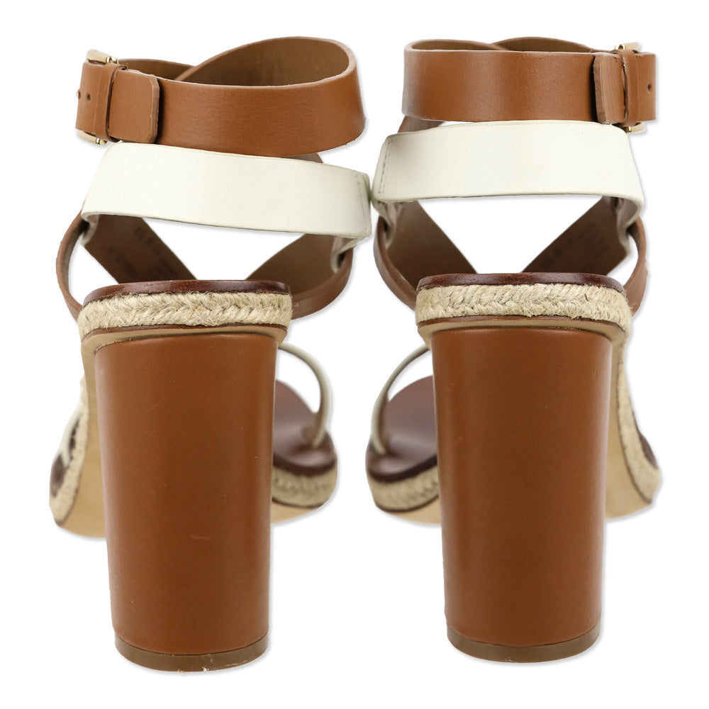 Tory Burch Marbella Brown/Ivory Leather Ankle Strap Espadrille Sandal
