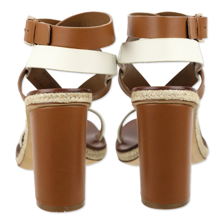 Tory Burch Marbella Brown/Ivory Leather Ankle Strap Espadrille Sandal