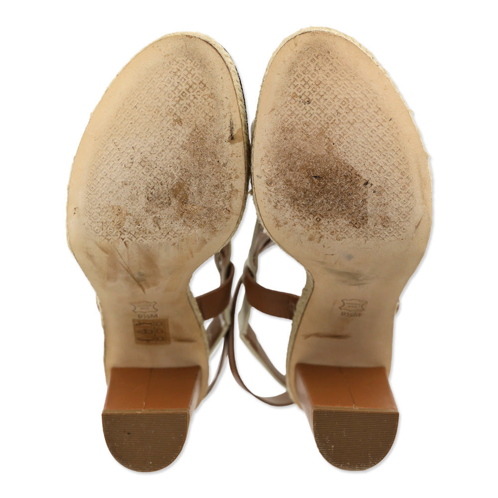 Tory Burch Marbella Brown/Ivory Leather Ankle Strap Espadrille Sandal