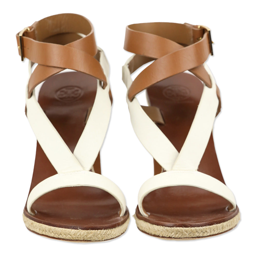 Tory Burch Marbella Brown/Ivory Leather Ankle Strap Espadrille Sandal