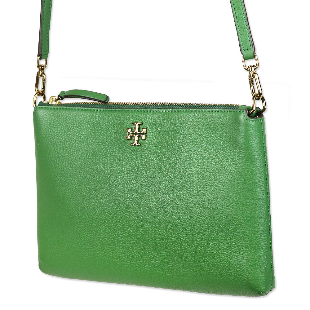 Tory Burch Mercer Green Pebbled Zip Crossbody Bag