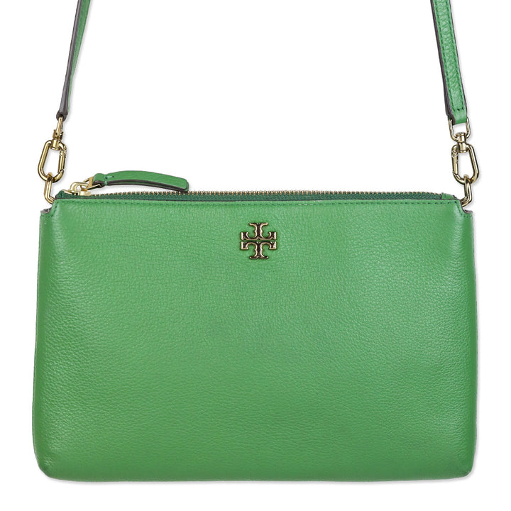 Tory Burch Mercer Green Pebbled Zip Crossbody Bag