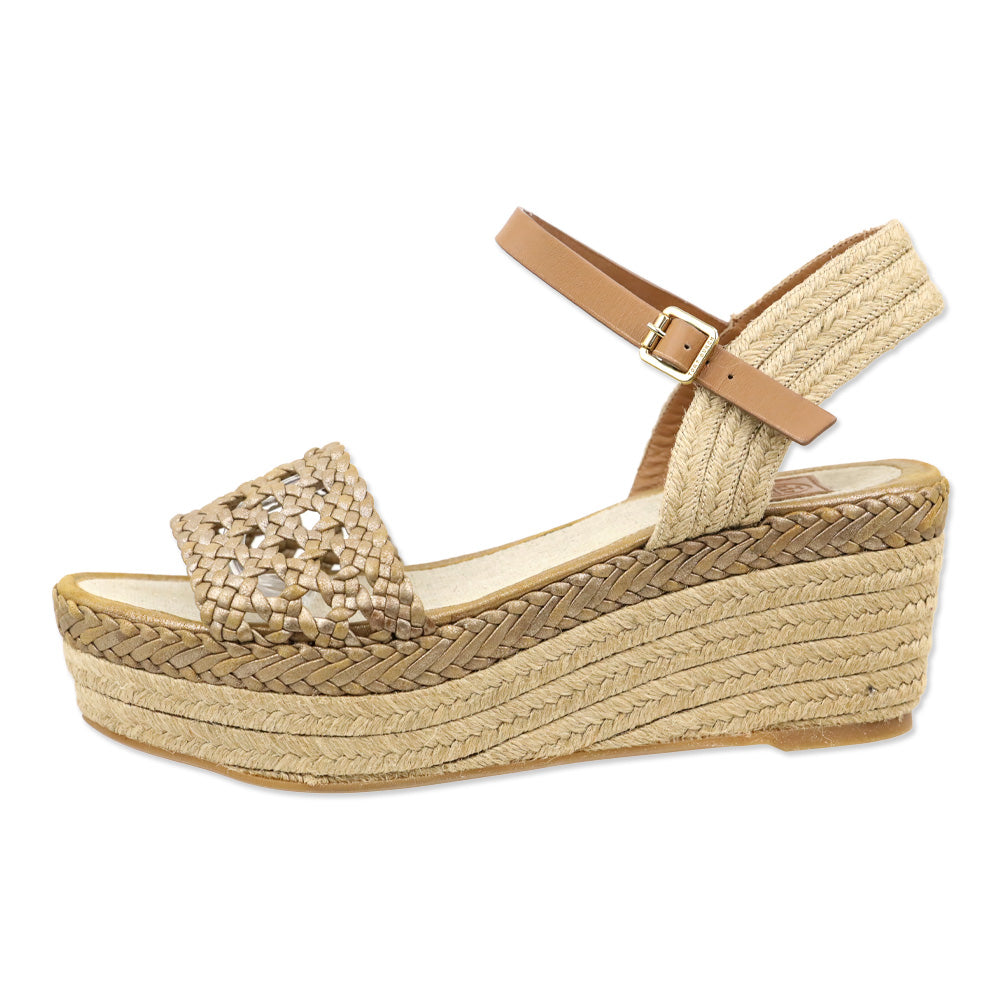 Tory Burch Metallic Gold Basket Weave Leather Espadrille Platform Wedge Sandal