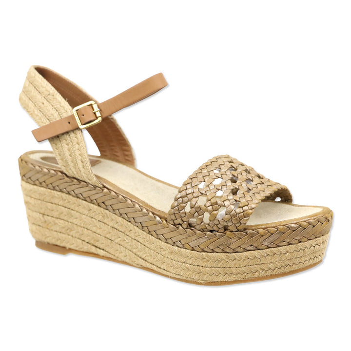 Tory Burch Metallic Gold Basket Weave Leather Espadrille Platform Wedge Sandal