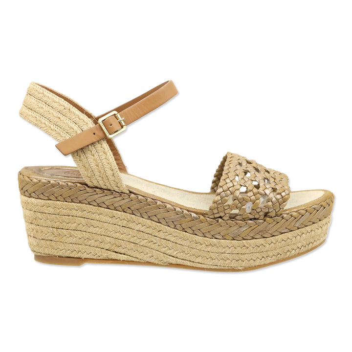 Tory Burch Metallic Gold Basket Weave Leather Espadrille Platform Wedge Sandal