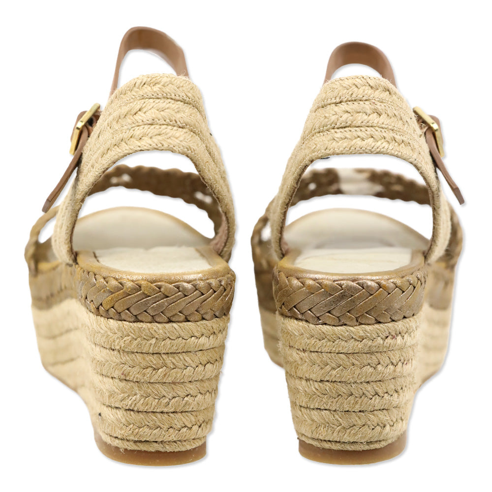 Tory Burch Metallic Gold Basket Weave Leather Espadrille Platform Wedge Sandal