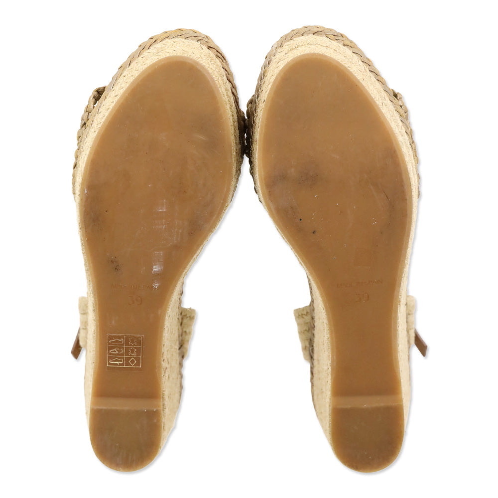 Tory Burch Metallic Gold Basket Weave Leather Espadrille Platform Wedge Sandal
