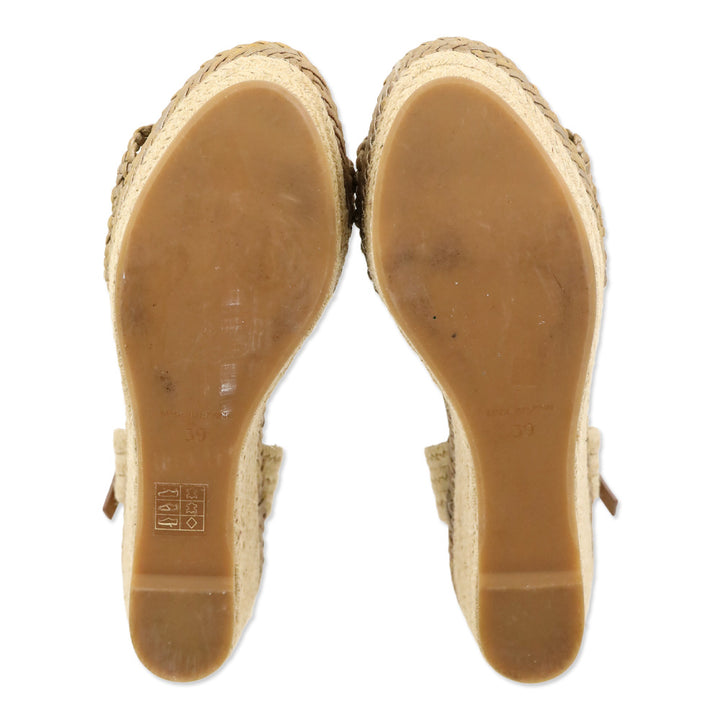 Tory Burch Metallic Gold Basket Weave Leather Espadrille Platform Wedge Sandal