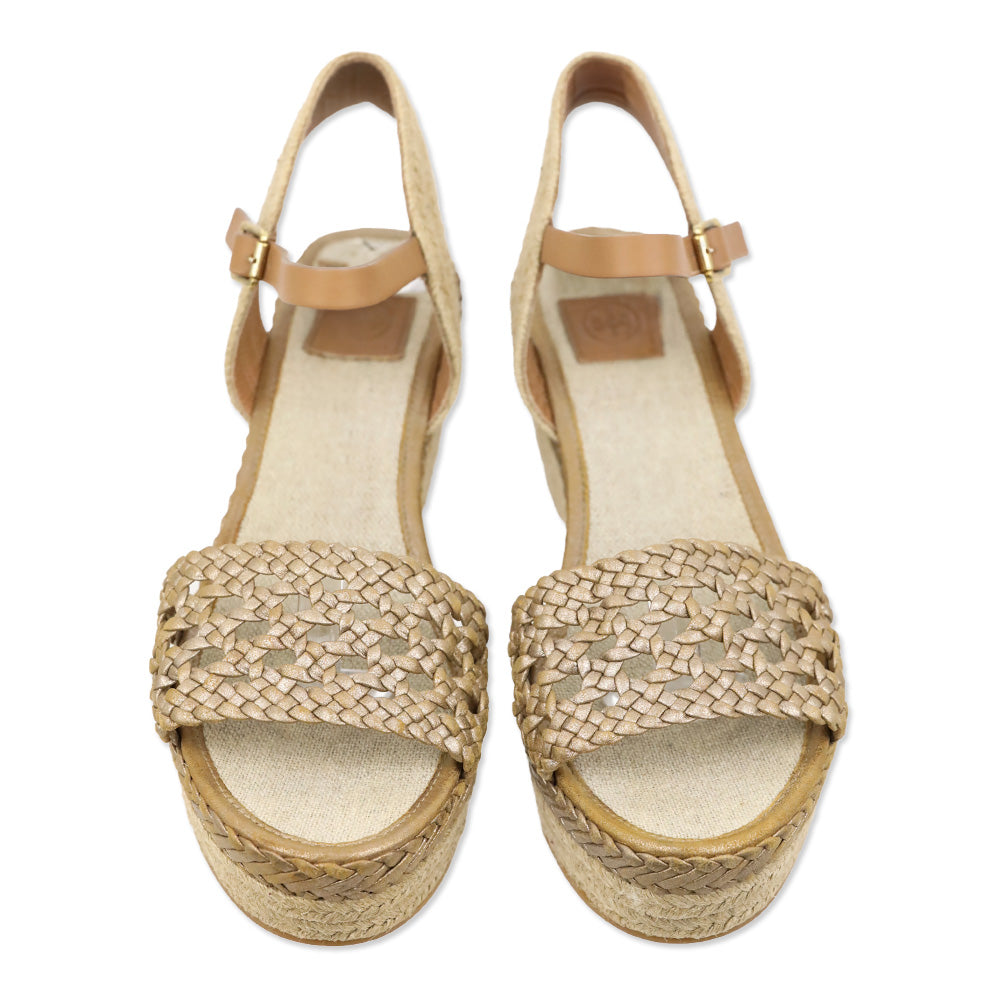 Tory Burch Metallic Gold Basket Weave Leather Espadrille Platform Wedge Sandal