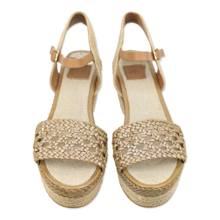 Tory Burch Metallic Gold Basket Weave Leather Espadrille Platform Wedge Sandal