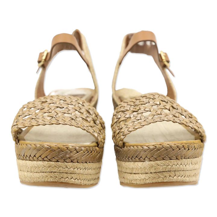 Tory Burch Metallic Gold Basket Weave Leather Espadrille Platform Wedge Sandal