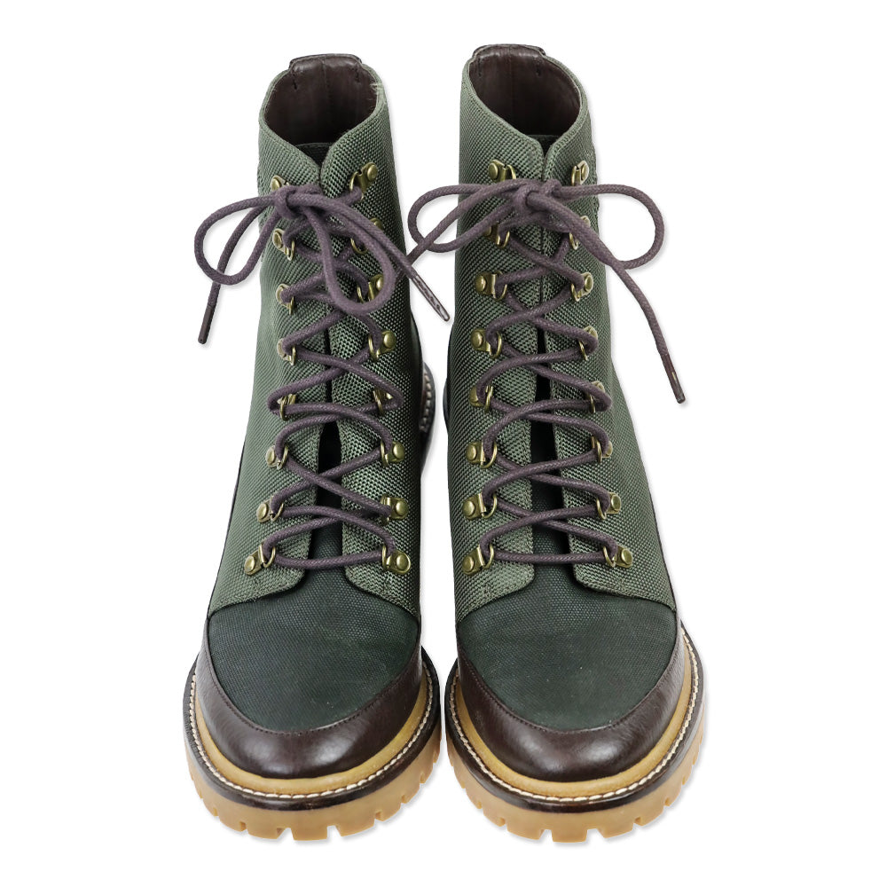 Tory Burch Miller Green Canvas Block Heeled Hiker Boots