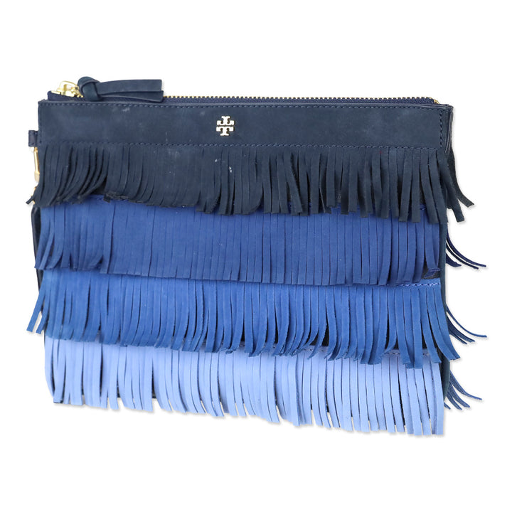 Tory Burch Multi Blue Nubuck Fringe Zipper Wristlet